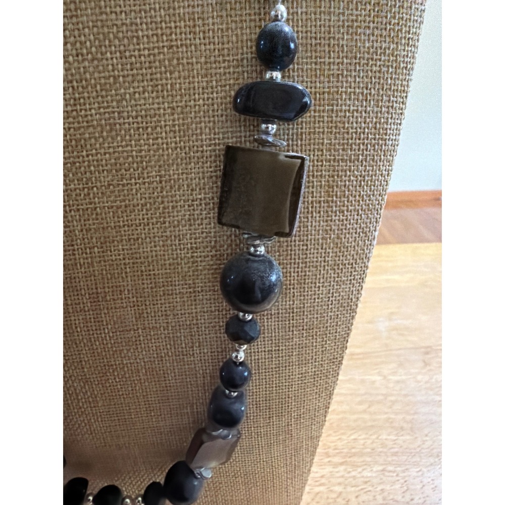 Long Geometric Beaded Necklace Black Grey Square Round Beads Long Layering - Picture 2 of 5